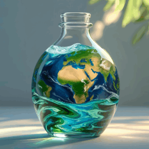 Bouteille d’eau avec la Terre à l’intérieur Illustration créative (IA) liant consommation d’eau et conscience environnementale.