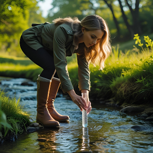 Femme collectant de l’eau d’un ruisseau Illustration de l’interaction humaine avec les ressources en eau.
