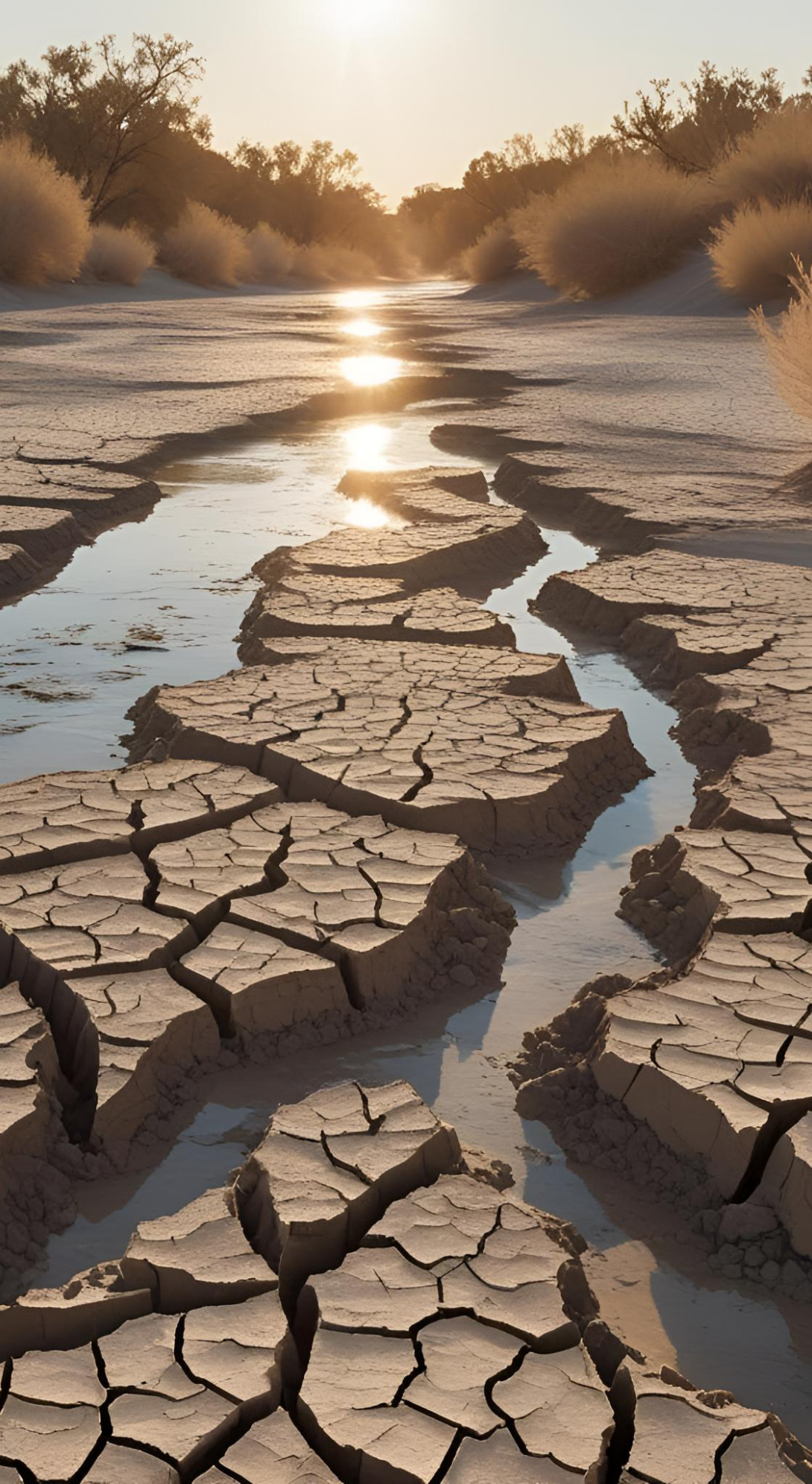 Cracked dry riverbed reflecting the setting sun — symbol of drought and heatwave impact on ecosystems and water resources.