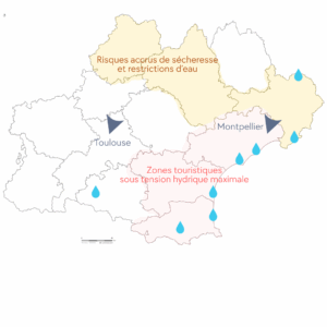 Carte de l'Occitanie avec les zones sous tension hydrique importante