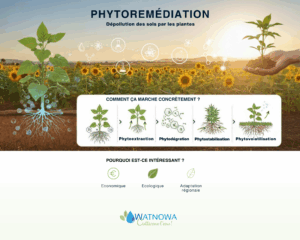 hamp de tournesols en bord de mer Méditerranée utilisé comme technique de phytoremédiation pour purifier les sols agricoles. Et schéma pédagogique de la phytoremédiation montrant une plante de tournesol extrayant les polluants du sol par ses racines pour une agriculture durable.