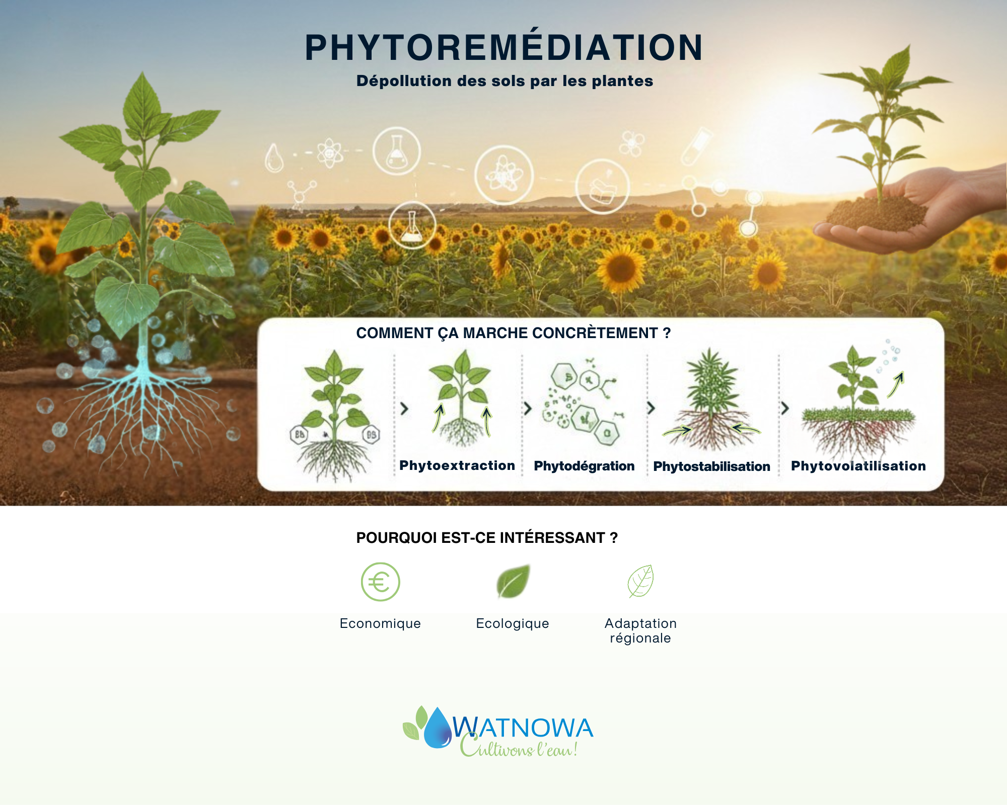 hamp de tournesols en bord de mer Méditerranée utilisé comme technique de phytoremédiation pour purifier les sols agricoles. Et schéma pédagogique de la phytoremédiation montrant une plante de tournesol extrayant les polluants du sol par ses racines pour une agriculture durable.