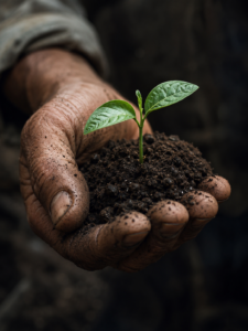 Farmer holding rich black soil, illustrating healthy soil fertility, sustainable soil management, and the restoration of balance in the water–soil–plant system.