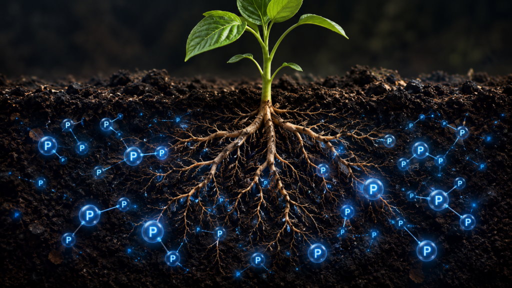 Illustration of phosphorus in soil: excess nutrient causing pollution risks to water, with solutions including phytoremediation, soil testing, organic amendments, and crop rotation in the water–soil–plant continuum.