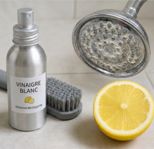 Pommeau de douche avec dépôts de calcaire sur les orifices