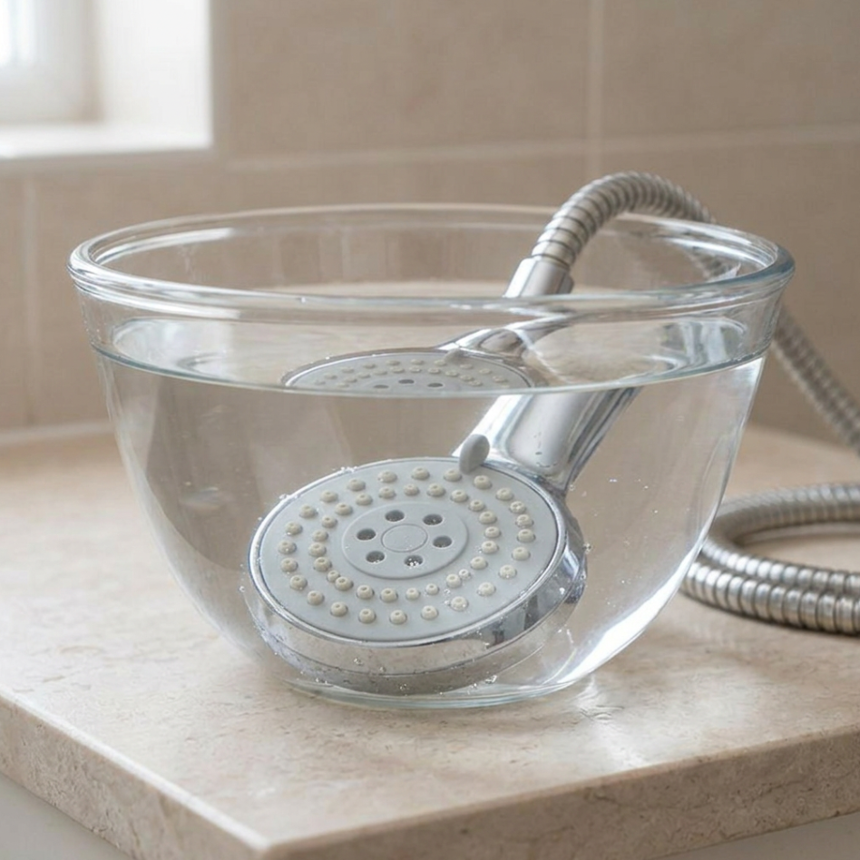Méthode du récipient 
de vinaigre blanc pour détartrer un pommeau de douche
